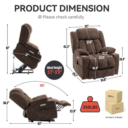 Grey Chenille Power Lift Recliner with Massage, Lumbar Heating, USB & Type-C Ports, and Stainless Steel Drink Holders