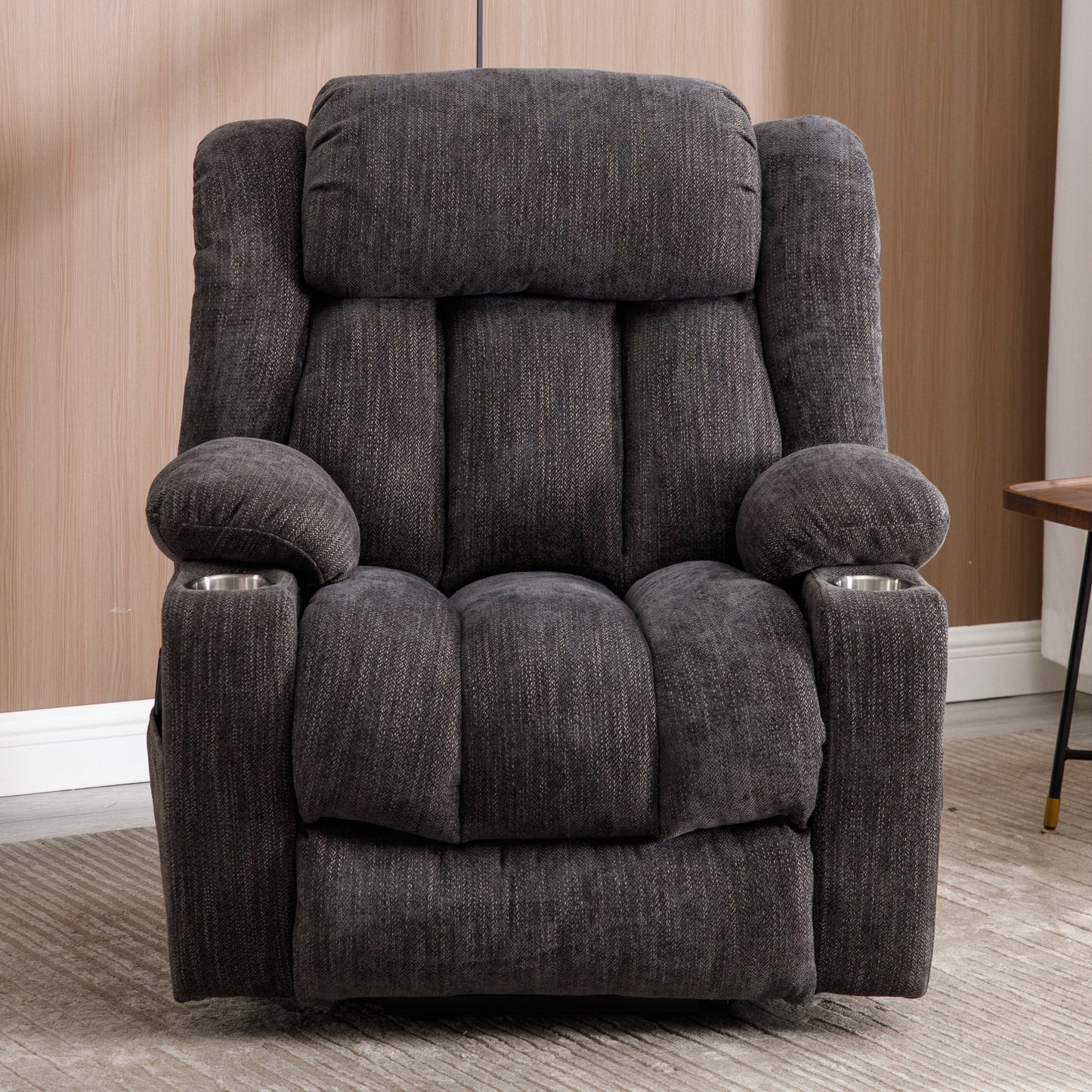 Grey Chenille Power Lift Recliner with Massage, Lumbar Heating, USB & Type-C Ports, and Stainless Steel Drink Holders