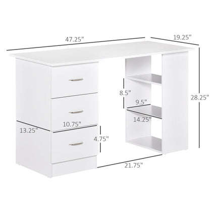 HOMCOM 47 Modern Home Office Computer Desk Bookcase Combo Writing Table Workstation with 3 Drawer and Storage Shelf - White