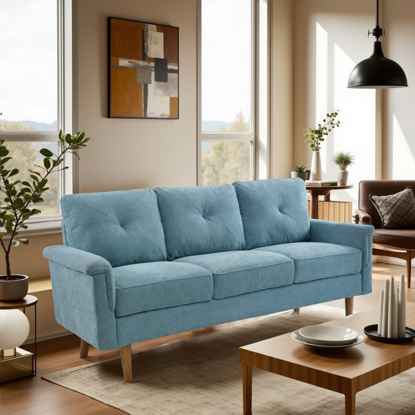 HOOOWOOO Mid-Century 3-Seat Upholstered Sofa with Wood Legs for Living Room