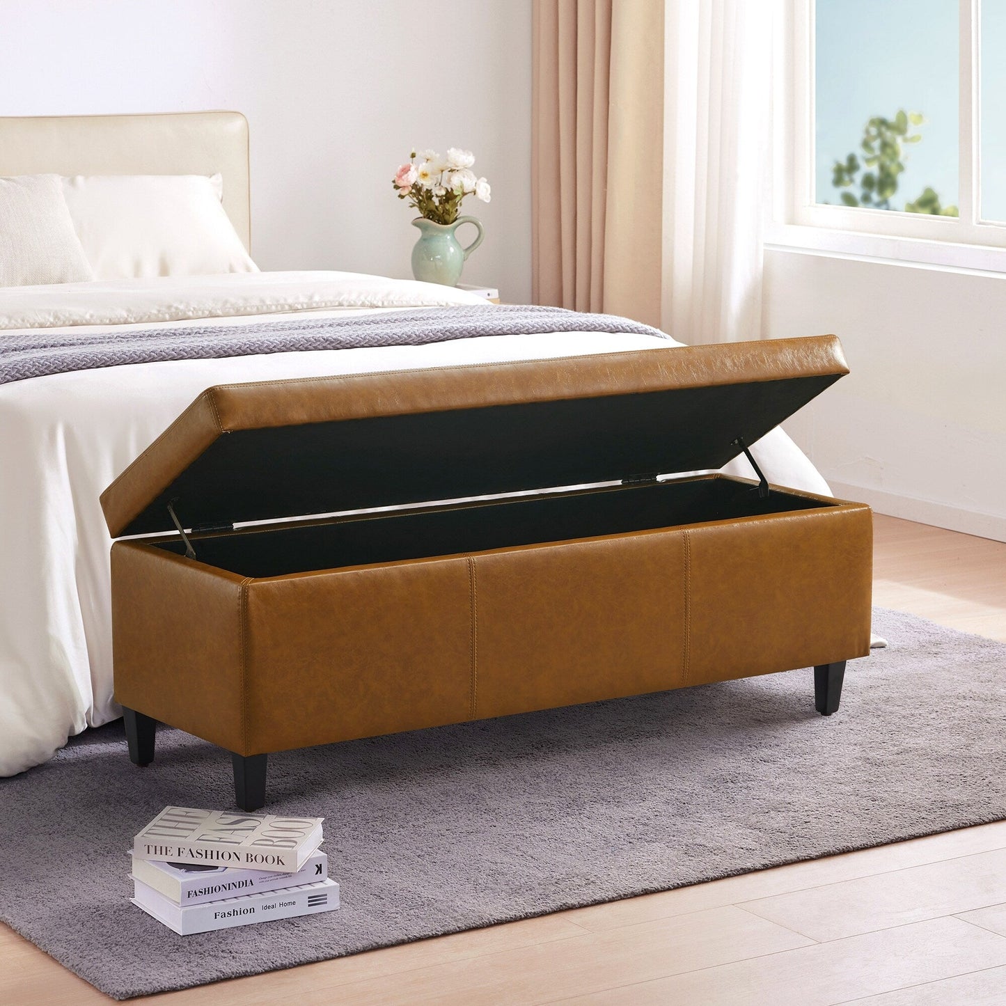 50.3 x 17.50 x 18 Upholstered Rectangular Storage Ottoman-Faux Leather