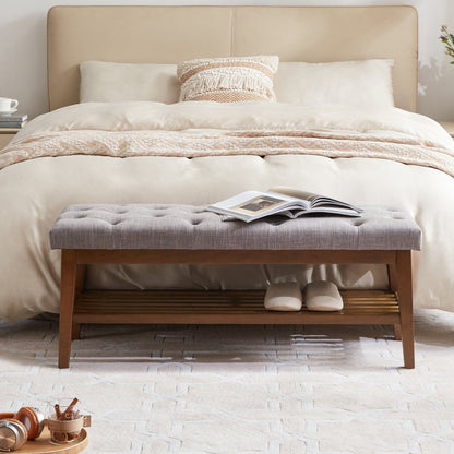 Entryway Shoe Bench Storage Bench Fabric Solid Wood, 43-inch Upholstered Bench for Living Room, Bedrooms