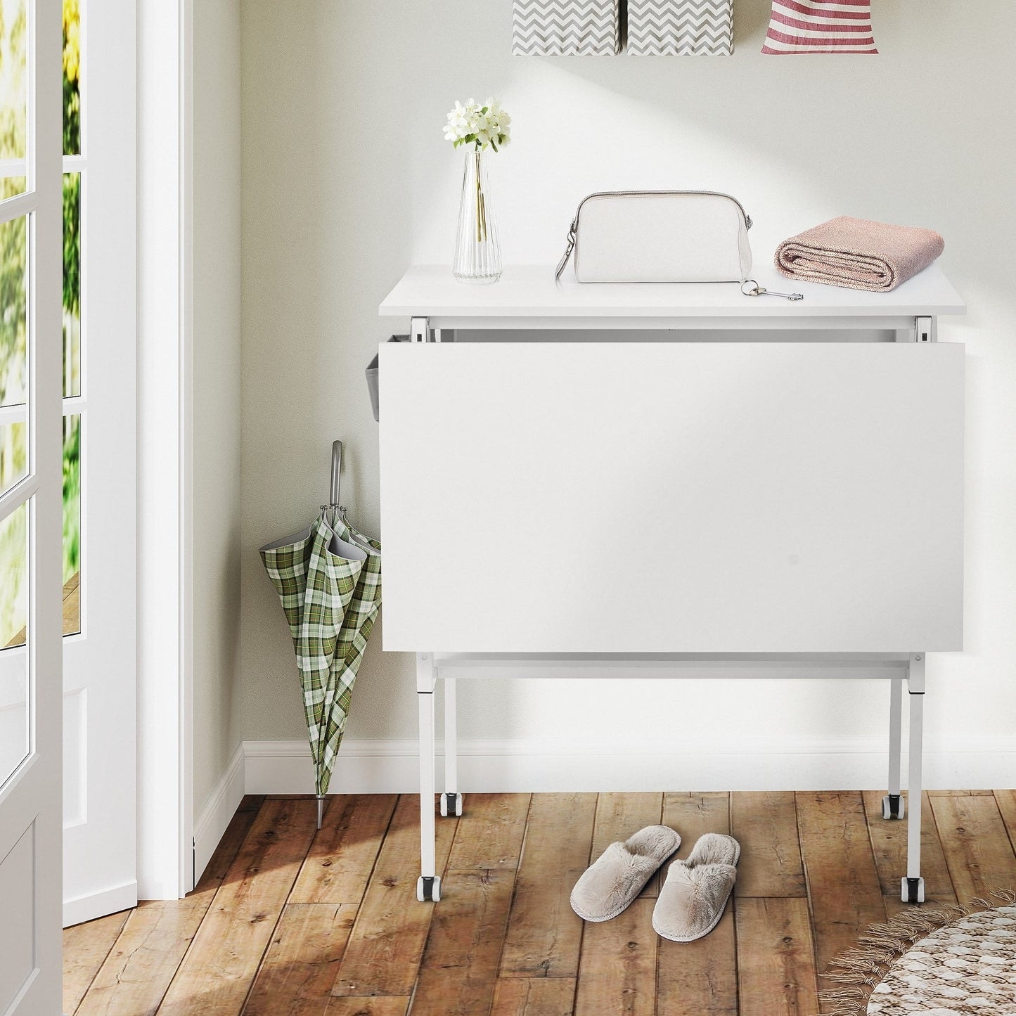 Height Adjustable Craft Table with Storage Shelves, Mobile Folding Cutting Table for Home Office Sewing Room Craft Room