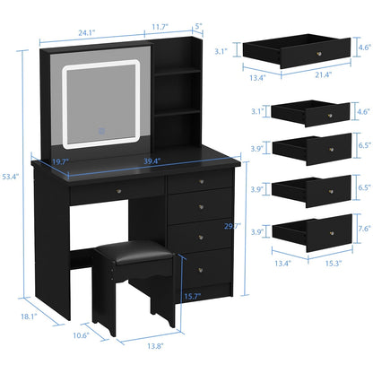 Kerrogee Makeup Vanity Set with Adjustable Lighted Mirror & Stool - 39.4L x 19.7W x 53.5H