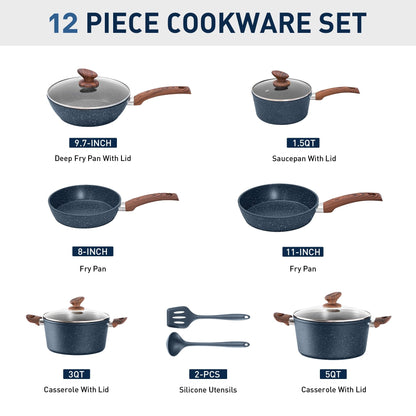 Kitchen Cookware Sets Nonstick, 12 Piece Pots and Pans Set Granite Cooking Set