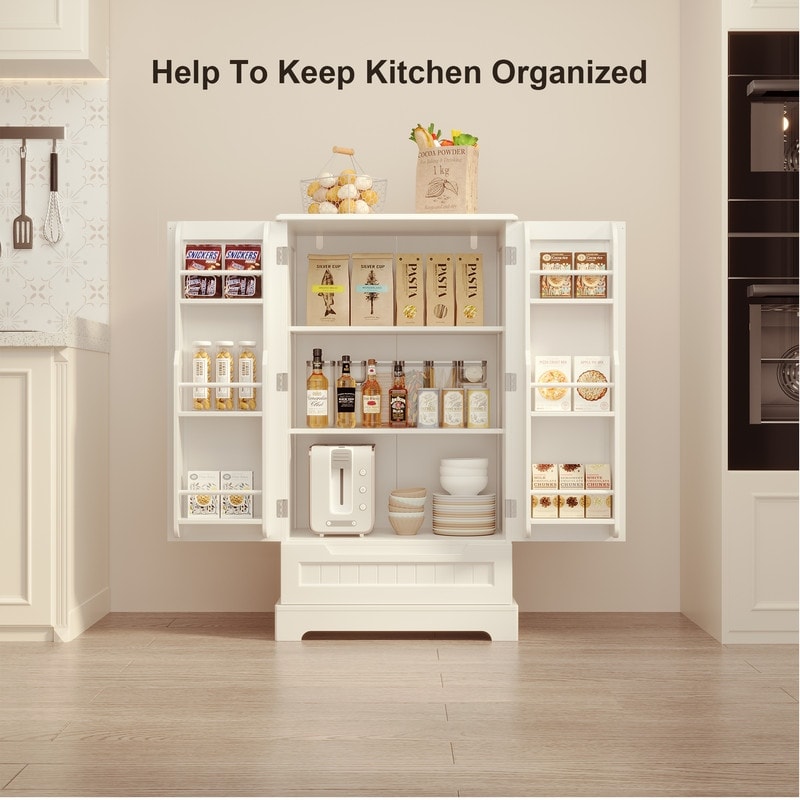 Kitchen Storage Pantry Cabinet, Freestanding Bathroom Storage Cabinet with 2 Doors and Drawers