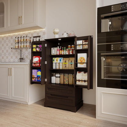 Kitchen Storage Pantry Cabinet, Freestanding Bathroom Storage Cabinet with 2 Doors and Drawers