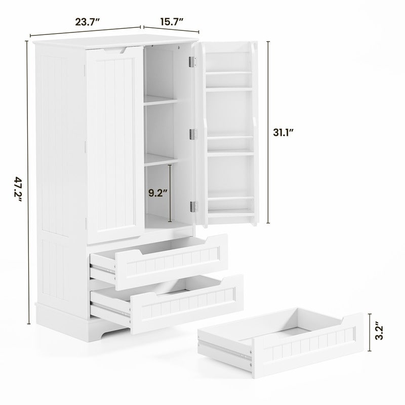 Kitchen Storage Pantry Cabinet, Freestanding Bathroom Storage Cabinet with 2 Doors and Drawers