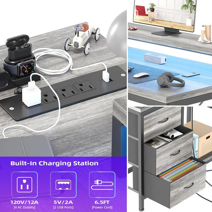 L Shaped Desk with Power Outlets & LED Lights