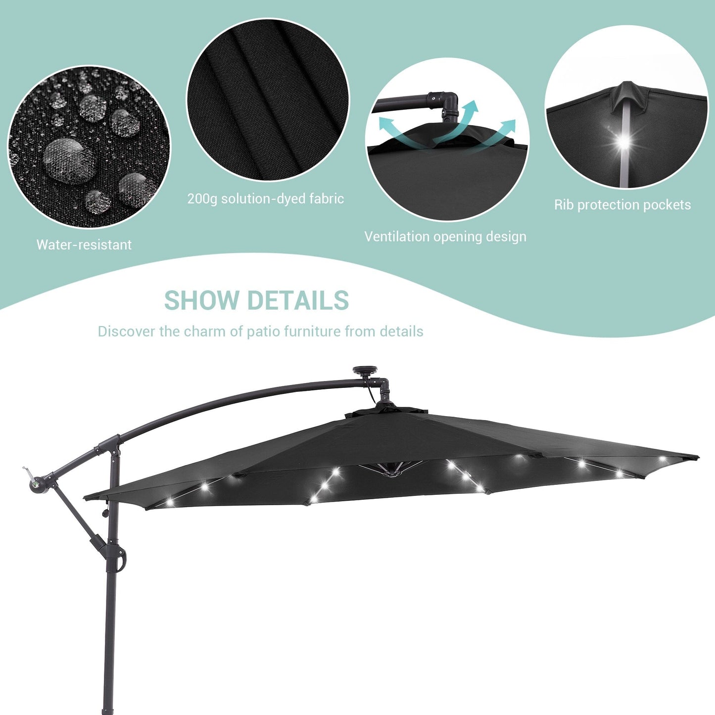 LIVOOSUN 10ft LED Patio Offset Umbrella With Cross Base