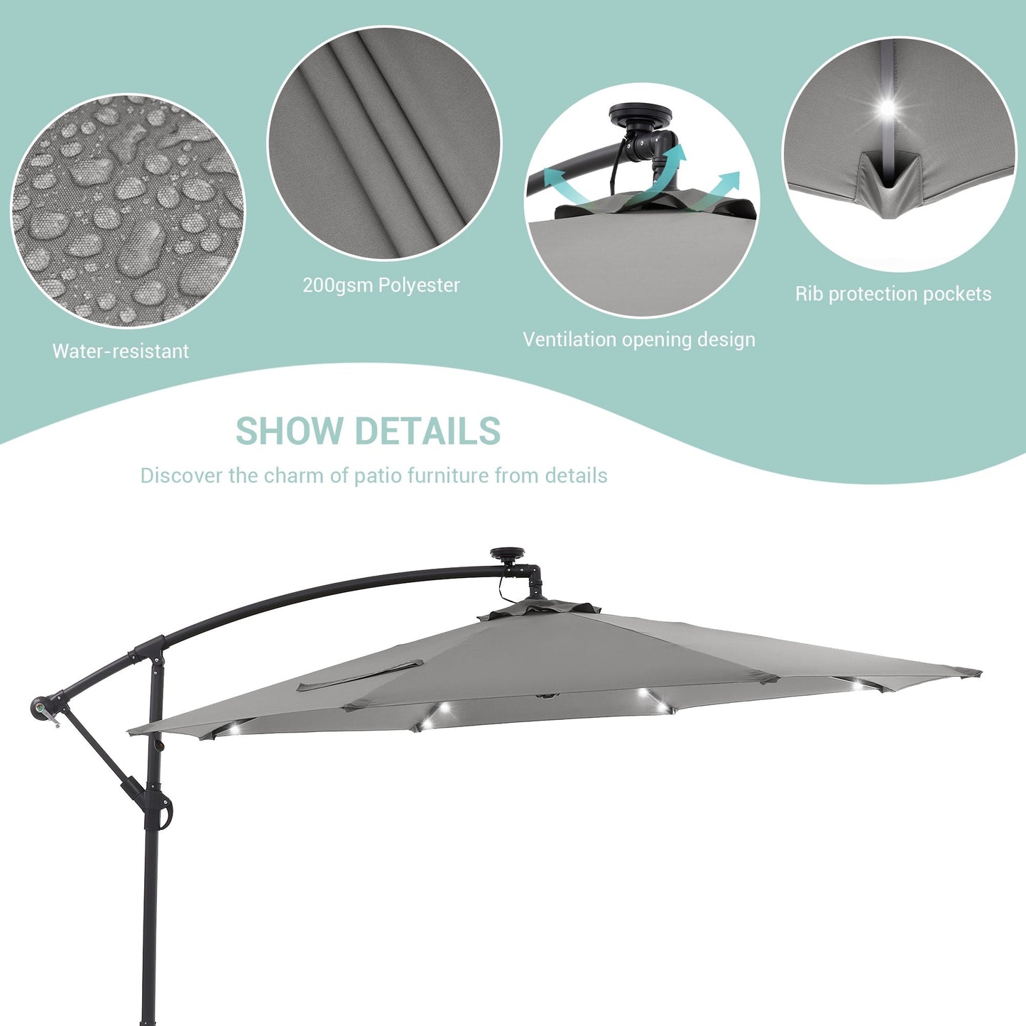 LIVOOSUN 10ft LED Patio Offset Umbrella With Cross Base