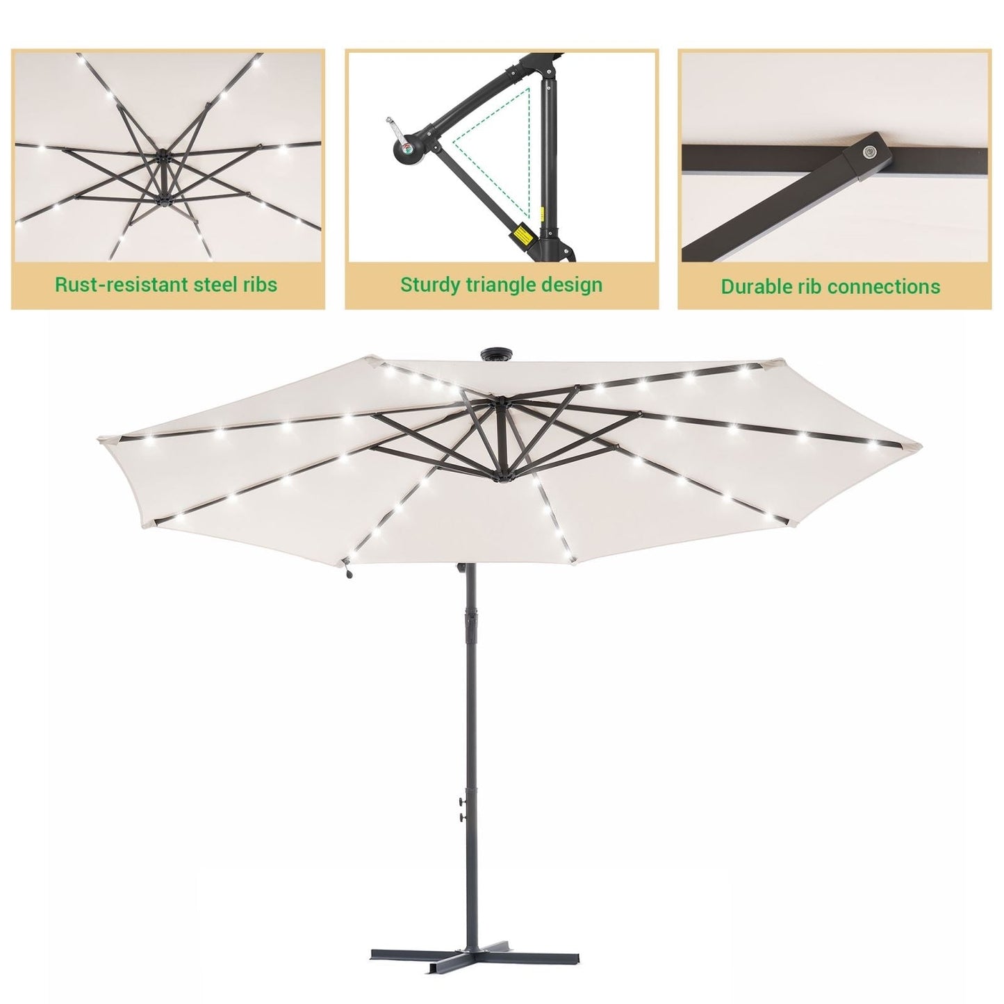 LIVOOSUN 10ft LED Patio Offset Umbrella With Cross Base