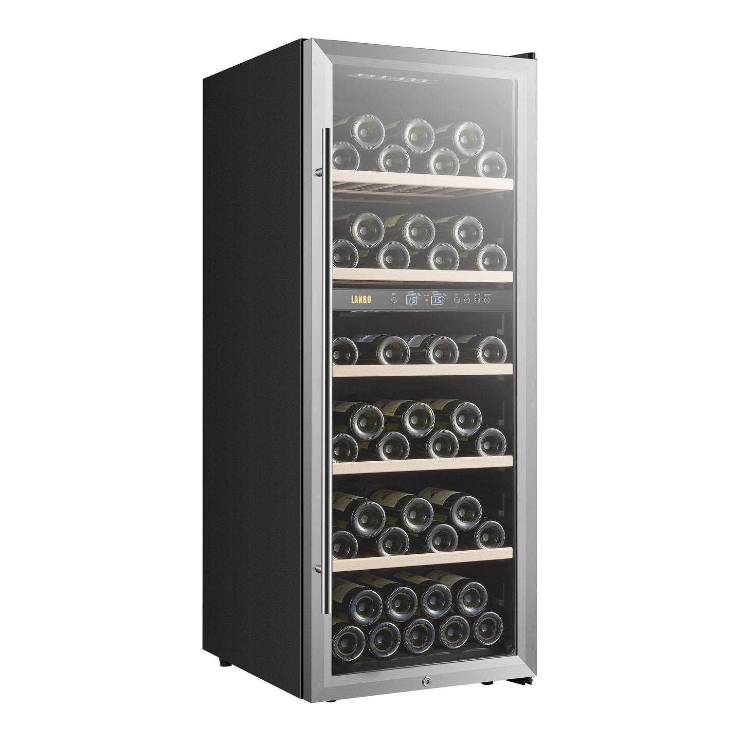 Lanbo 20-Inch 64 Bottle Dual Zone Freestanding Wine Cooler, Stainless Steel Trimmed Glass Door With Two Safety Lock