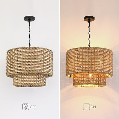 Lennie 20 in. 4-Light Rattan Tiered Drum Chandelier Light with Black Canopy - 20 in. W - 20 in. W