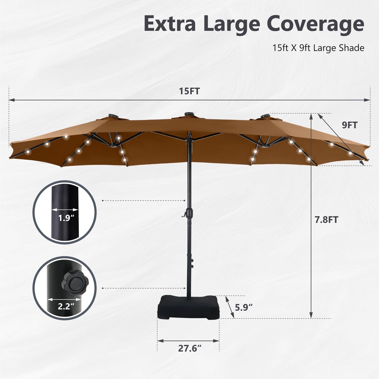 MAISON ARTS 15-foot Rectangular Crank Double-sided Outdoor Market Umbrella Solar LED Lighted Patio Umbrella with Base Included