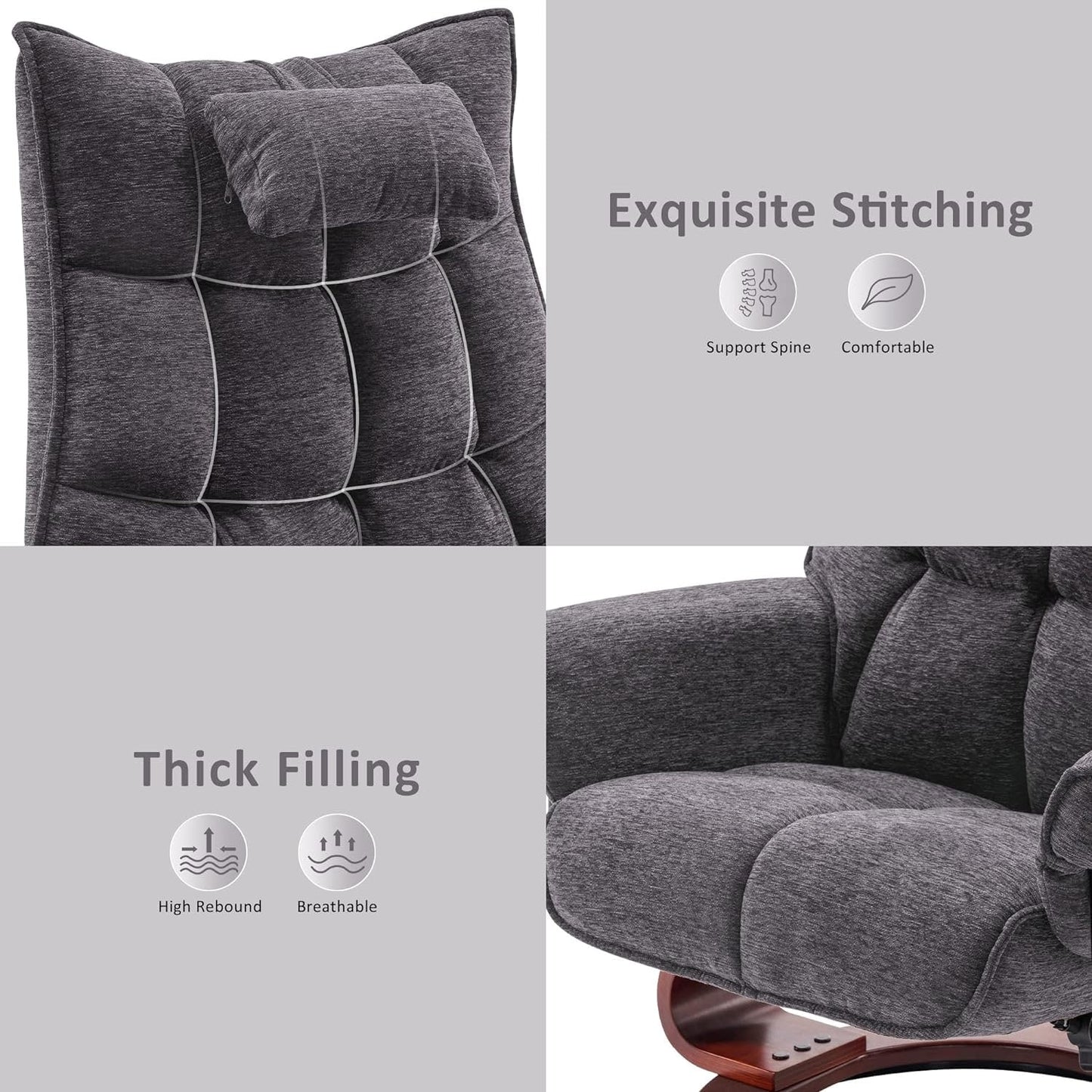 MCombo Set of 2 Swivel Recliner with Ottoman and Neck Pillow,Chenille Fabric