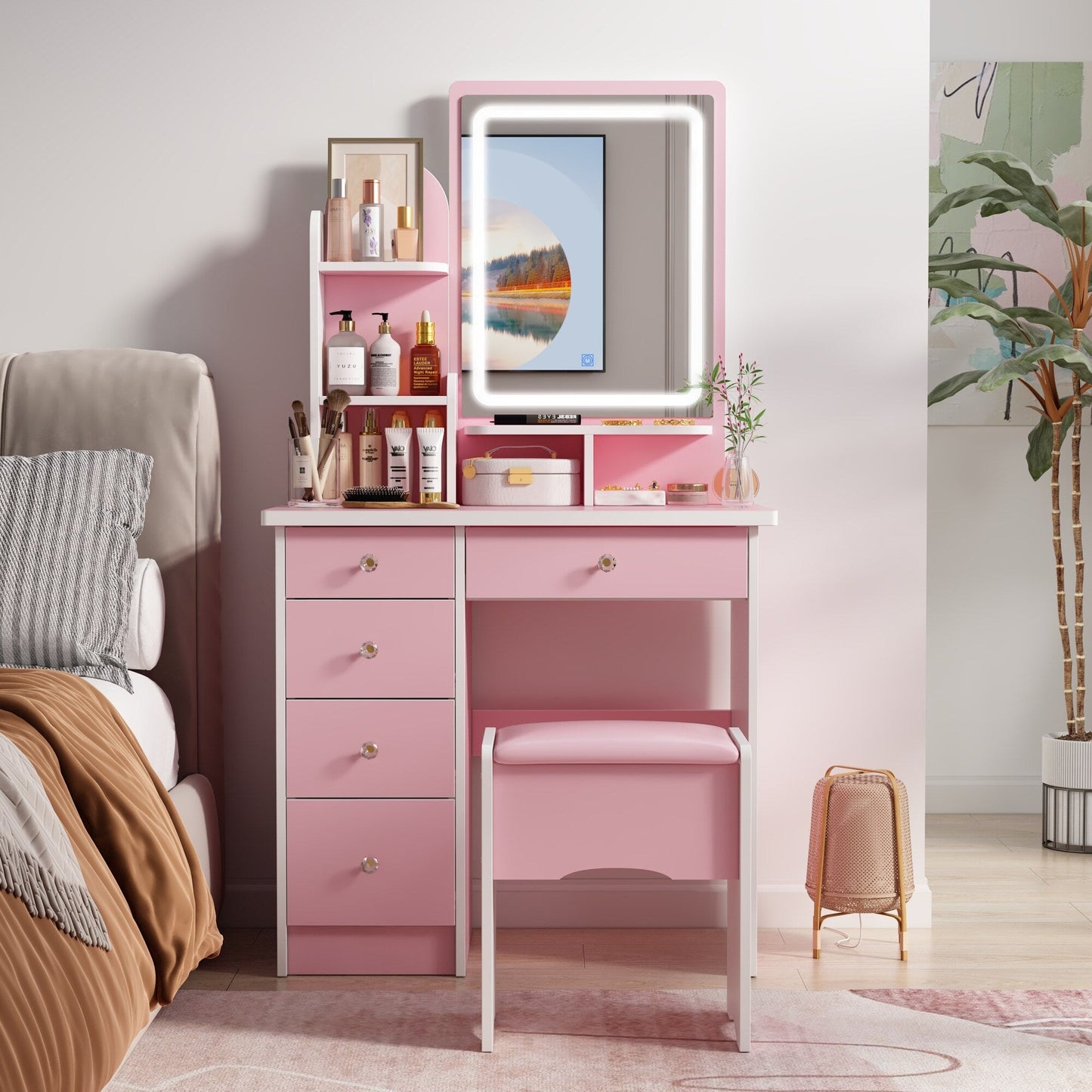 Makeup Vanity Set Table With LED Light &Mirror & Stool