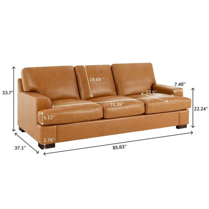 Modern Genuine Leather Sofa with Wooden Legs & Additional Bolster Pillow