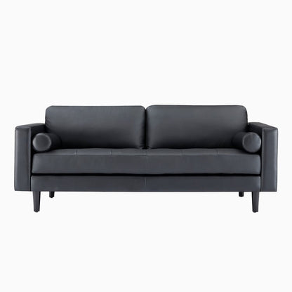 Modern Genuine Leather Sofa with Wooden Legs & Additional Bolster Pillow