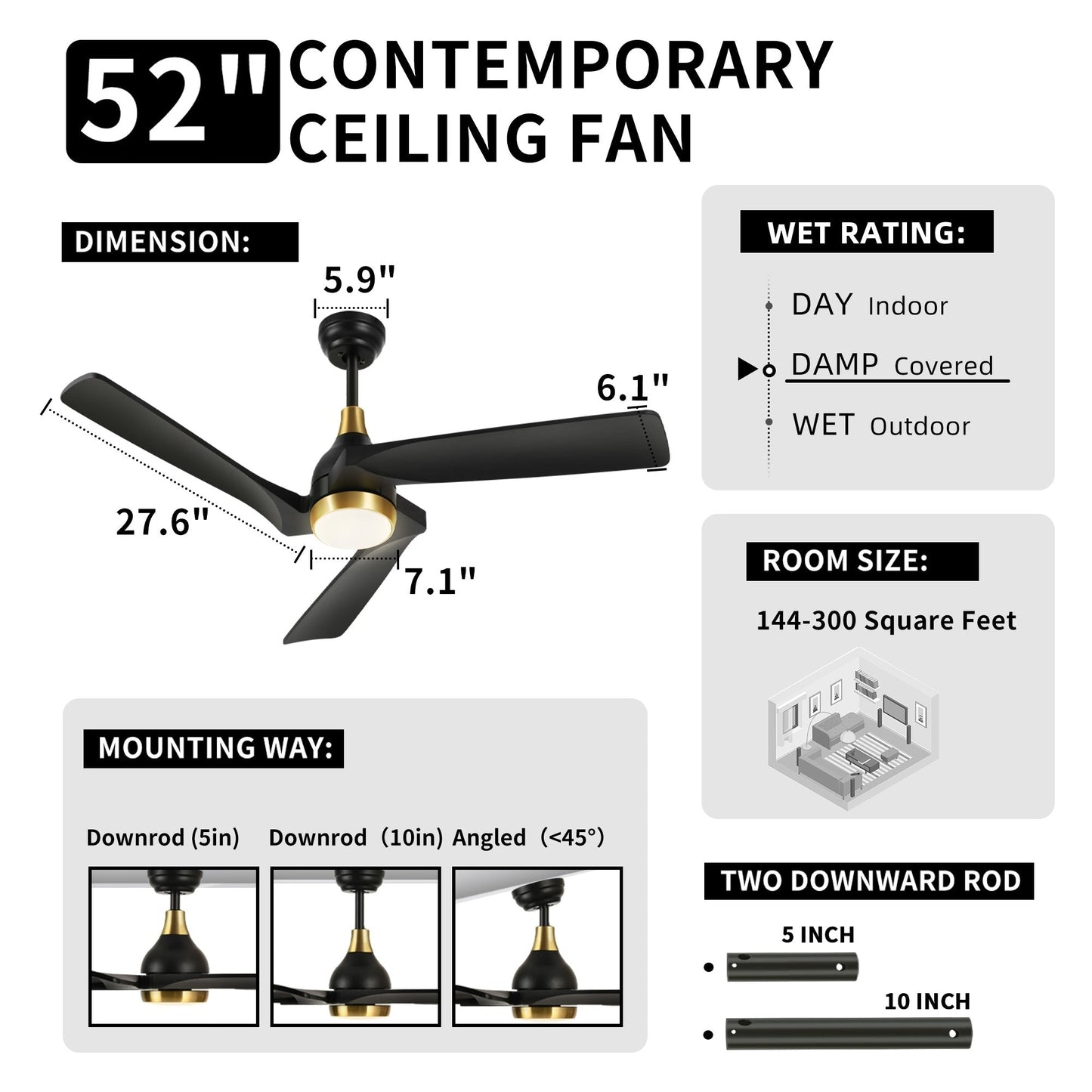 Moasis 52 Modern Remote Control Ceiling Fan with Lights and 5 Solid Wood Blades