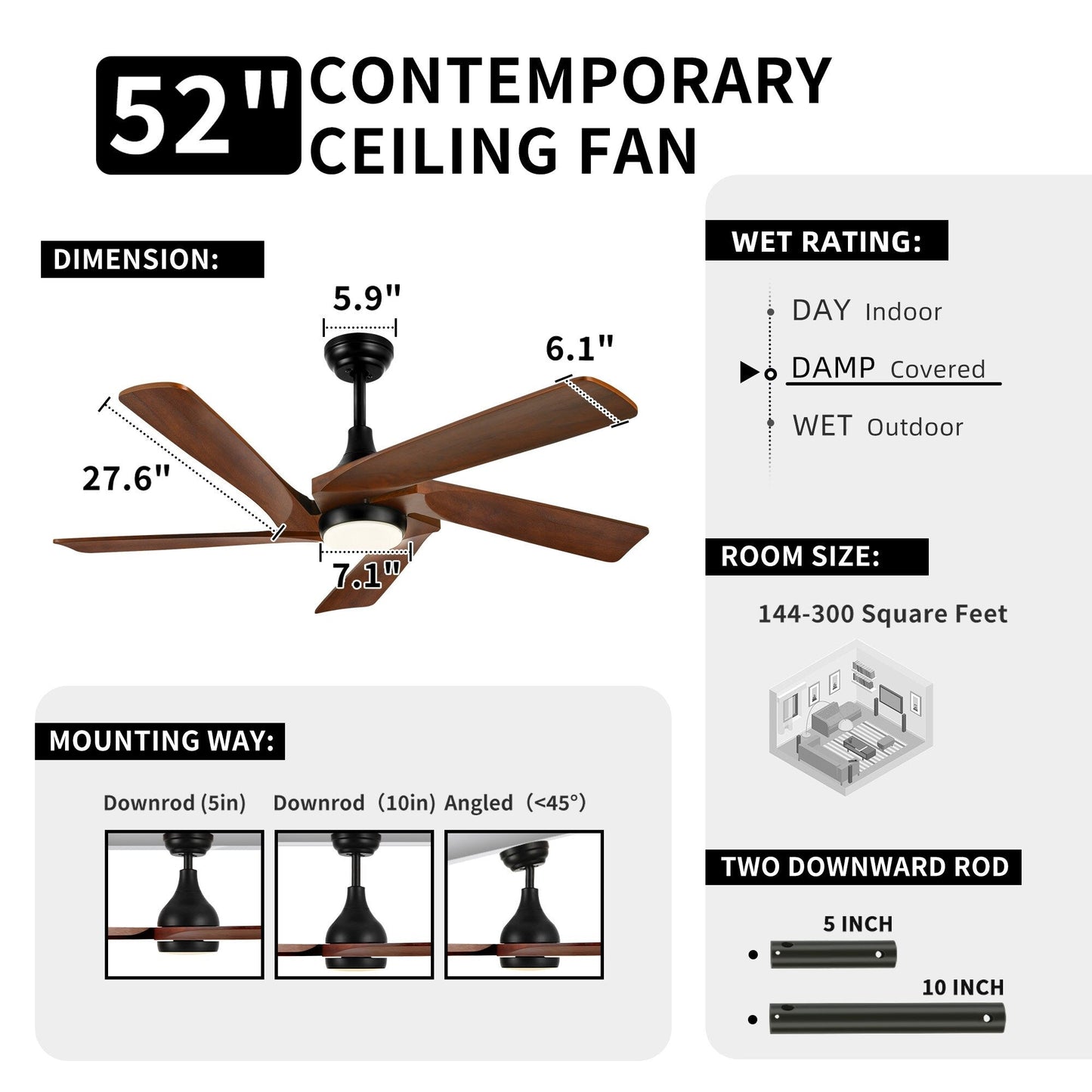 Moasis 52 Modern Remote Control Ceiling Fan with Lights and 5 Solid Wood Blades