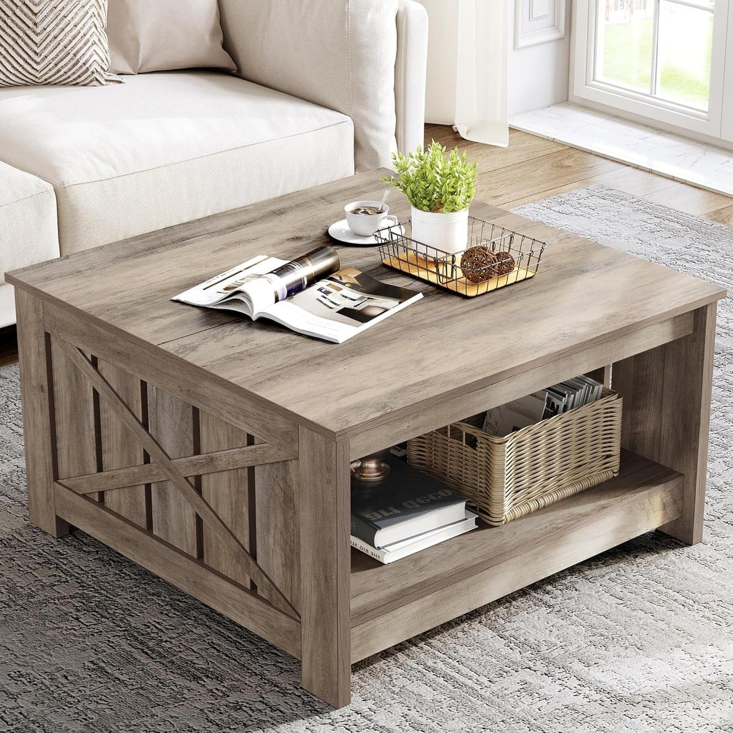 Moasis Farmhouse Coffee Table with Storage for Living Room Square Center Table