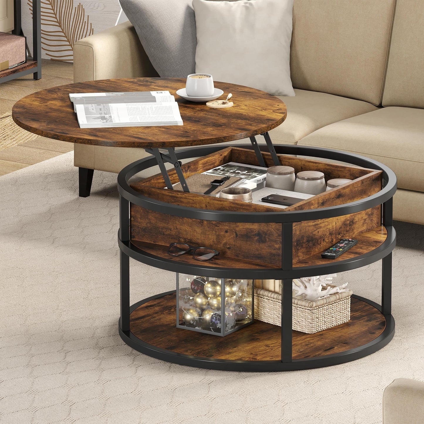 Moasis Round Lift Top Coffee Table with Hidden Storage