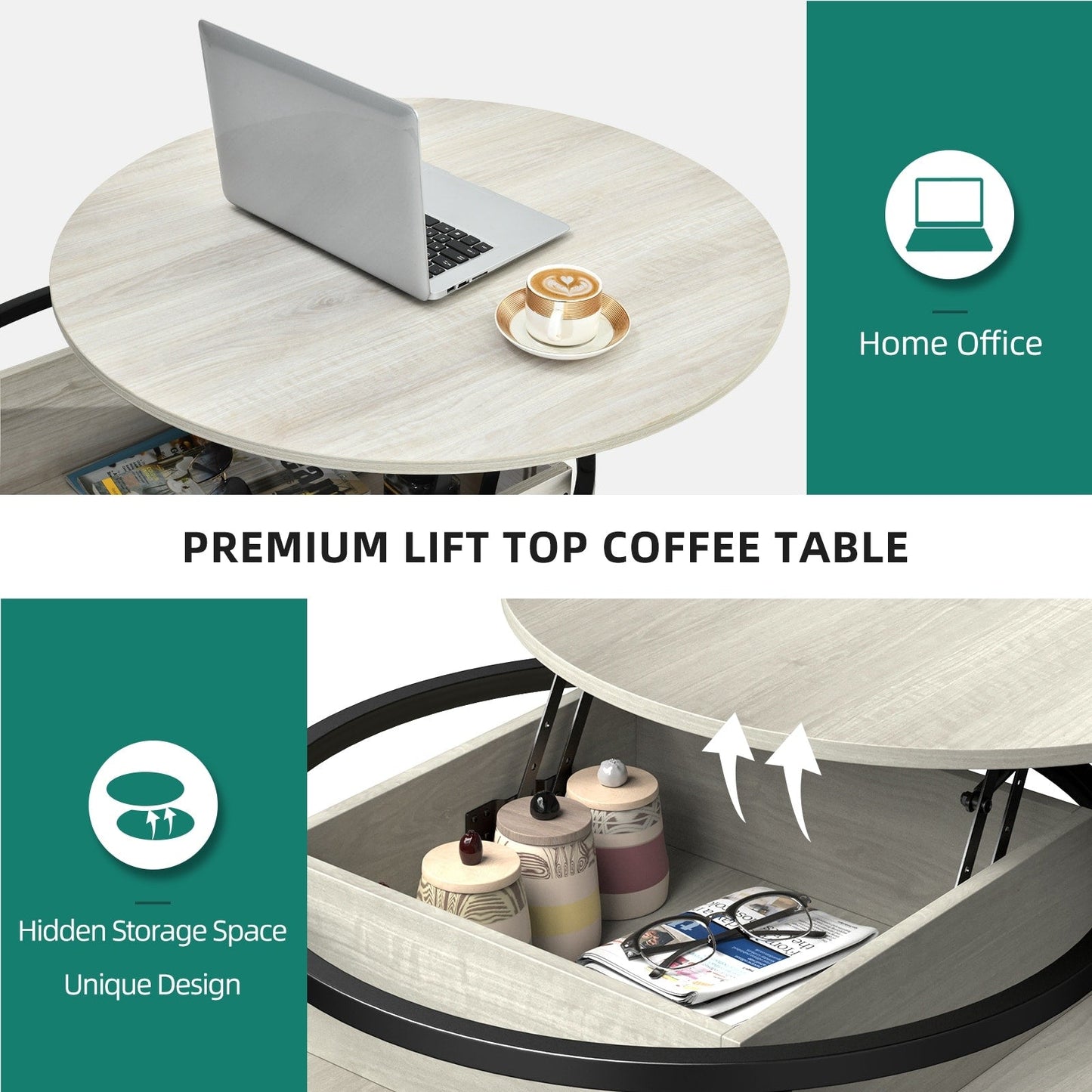 Moasis Round Lift Top Coffee Table with Hidden Storage