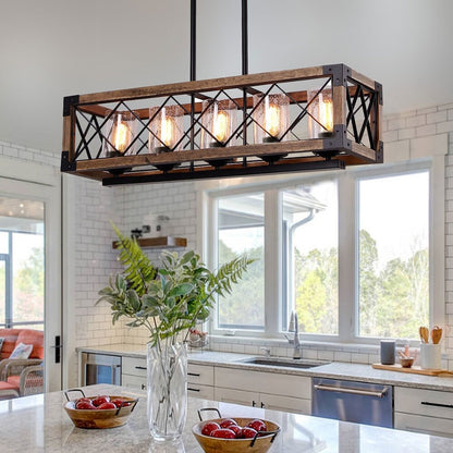 Modern Farmhouse 5-Light Wood Rectangle Chandelier Seeded Glass Kitchen Island Lights for Dining Room - 31.5 L x 8.75 W x 8 H