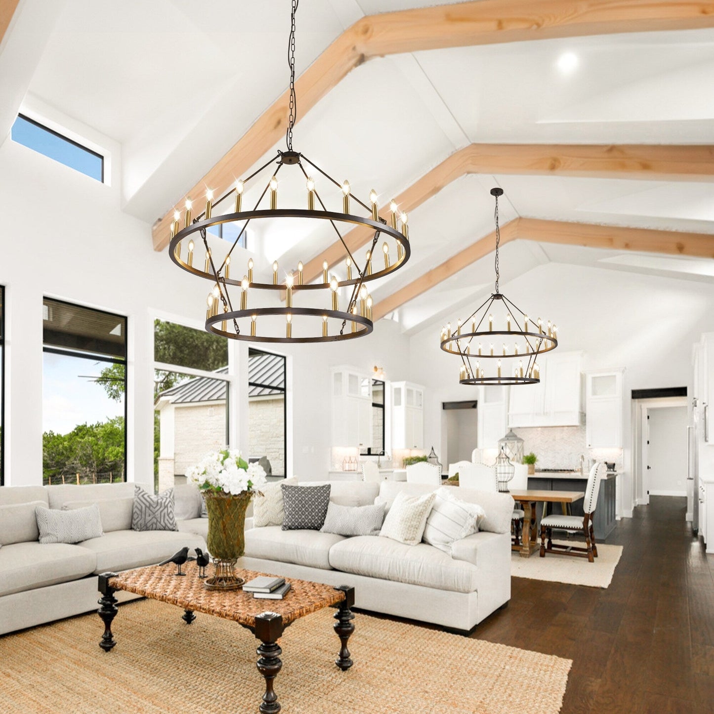 Modern Farmhouse Chandelier 2 Tier Round Wagon Wheel Chandelier Large High Ceiling Light.