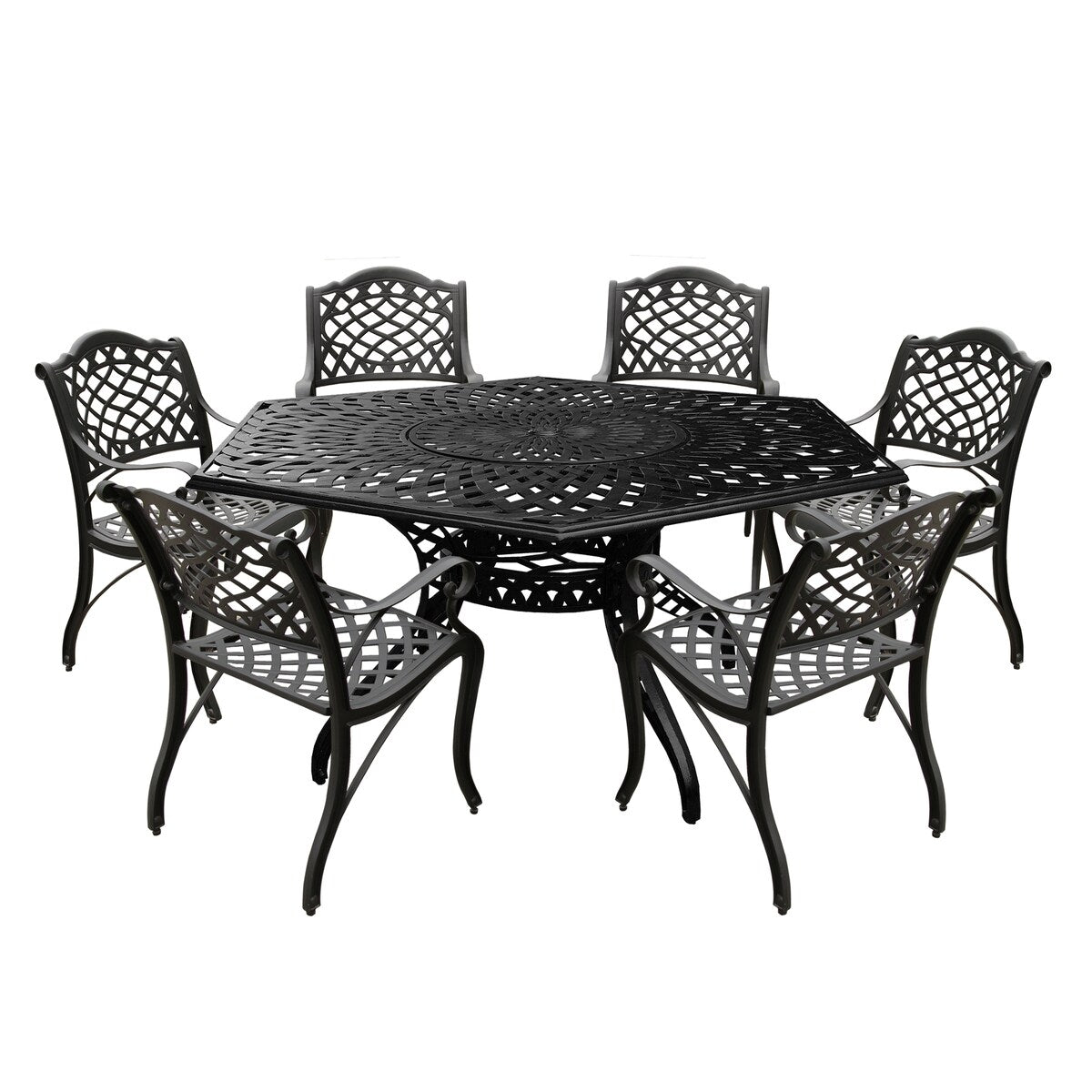 Modern Ornate Outdoor Mesh Aluminum 63-in Large Hexagon Patio Dining Set with Lazy Susan and Six Chairs - N/A