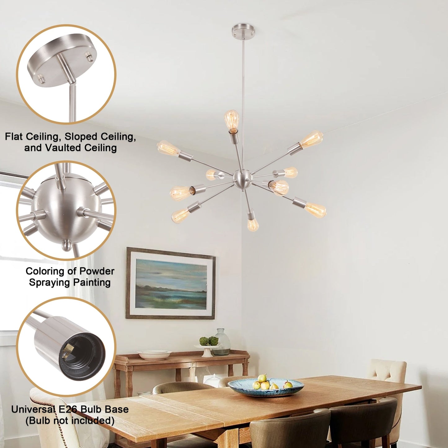Modern Sputnik Chandelier 10-Light Adjustable Ceiling Light Fixture for Kitchen Dining Room Living Room Bedroom - N/A