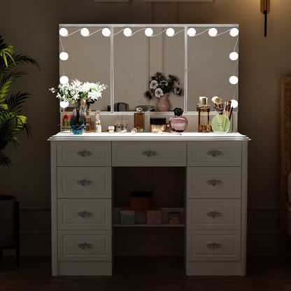 Modern White Makeup Vanity Fold Mirror Adjustable Lighting Dressing - 40.2x54.1