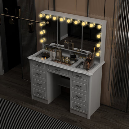 Modern White Makeup Vanity Fold Mirror Adjustable Lighting Dressing - 40.2x54.1