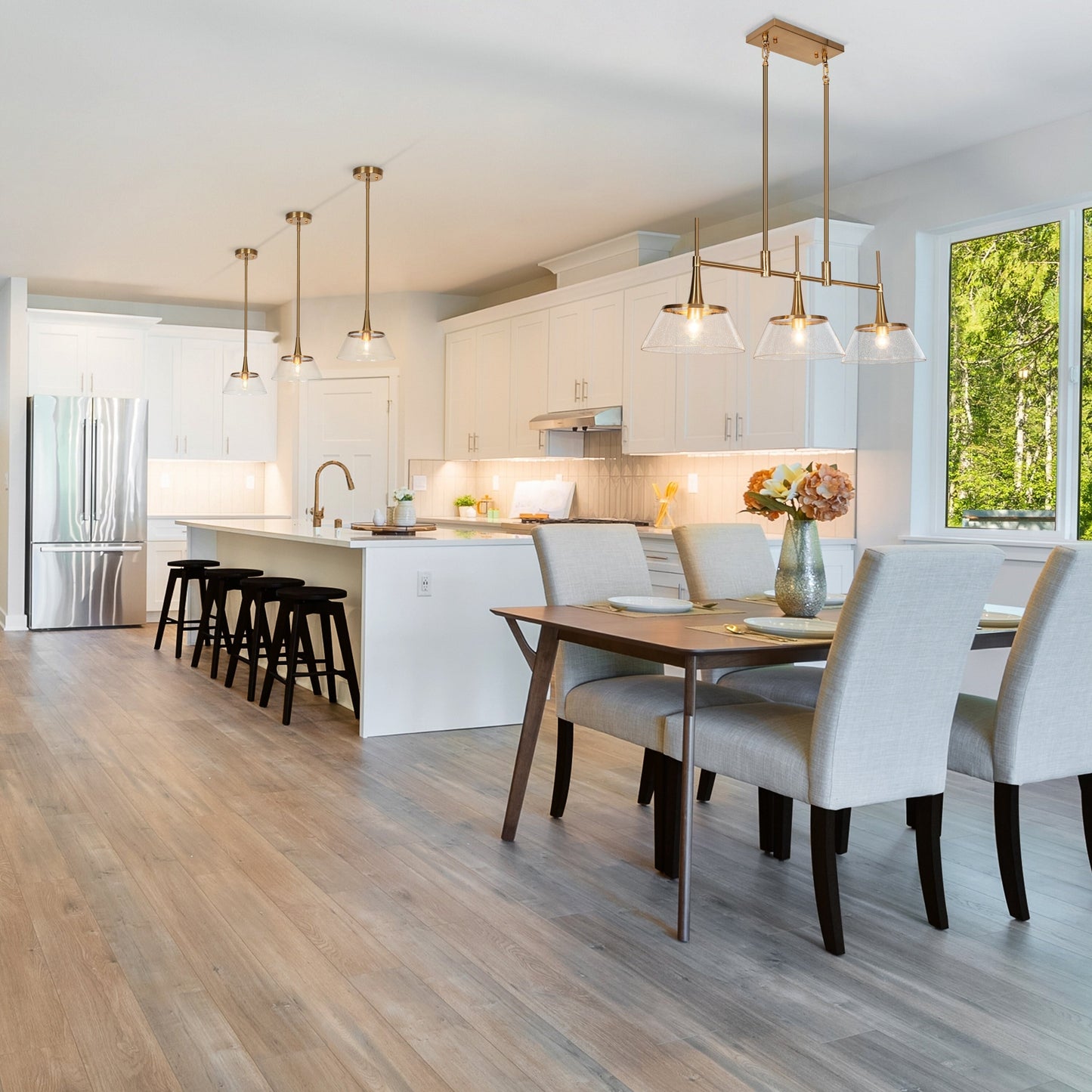 Mola Modern Gold 3-Light Seeded Glass Chandelier Linear Island Pendant Light for Dining Room