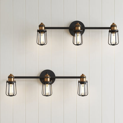 Nathan James Rori Vanity Wall Light Indoor 3-Light Bathroom with Farmhouse Cage Sconce and Brass Details