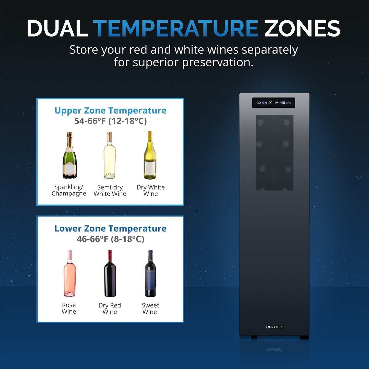 Newair Shadow-T Series Wine Cooler Refrigerator, 18 Bottle Dual Temperature Zone, Freestanding, Thermoelectric, Digital Control