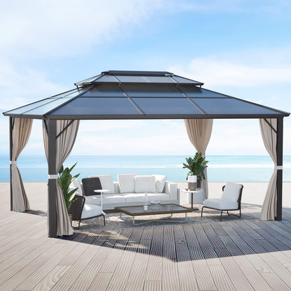 EROMMY Hardtop Gazebo,Outdoor Pergola with Double Roof & Netting & Curtains,Heavy Duty Canopy for Patio, Backyard, Pool party