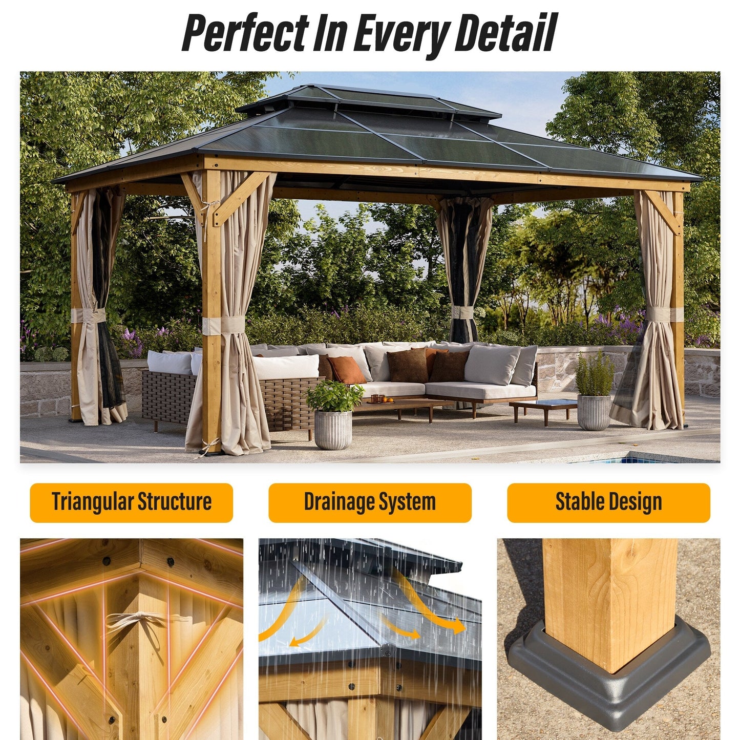 EROMMY Hardtop Gazebo,Outdoor Pergola with Double Roof & Netting & Curtains,Heavy Duty Canopy for Patio, Backyard, Pool party