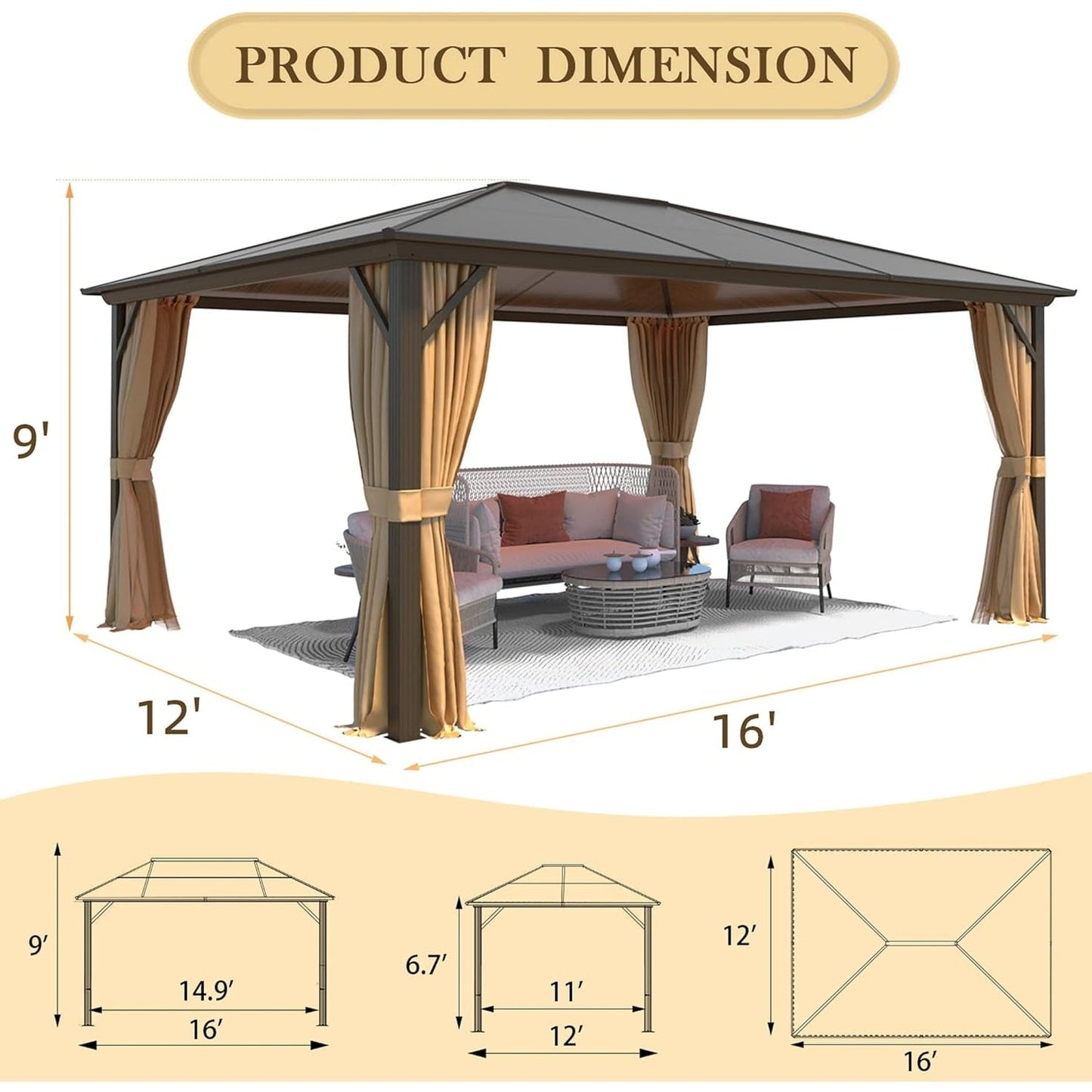 Hardtop Gazebo for Backyard – Permanent Pergola with Netting, Curtains & Double Roof, All-Weather Outdoor Shelter