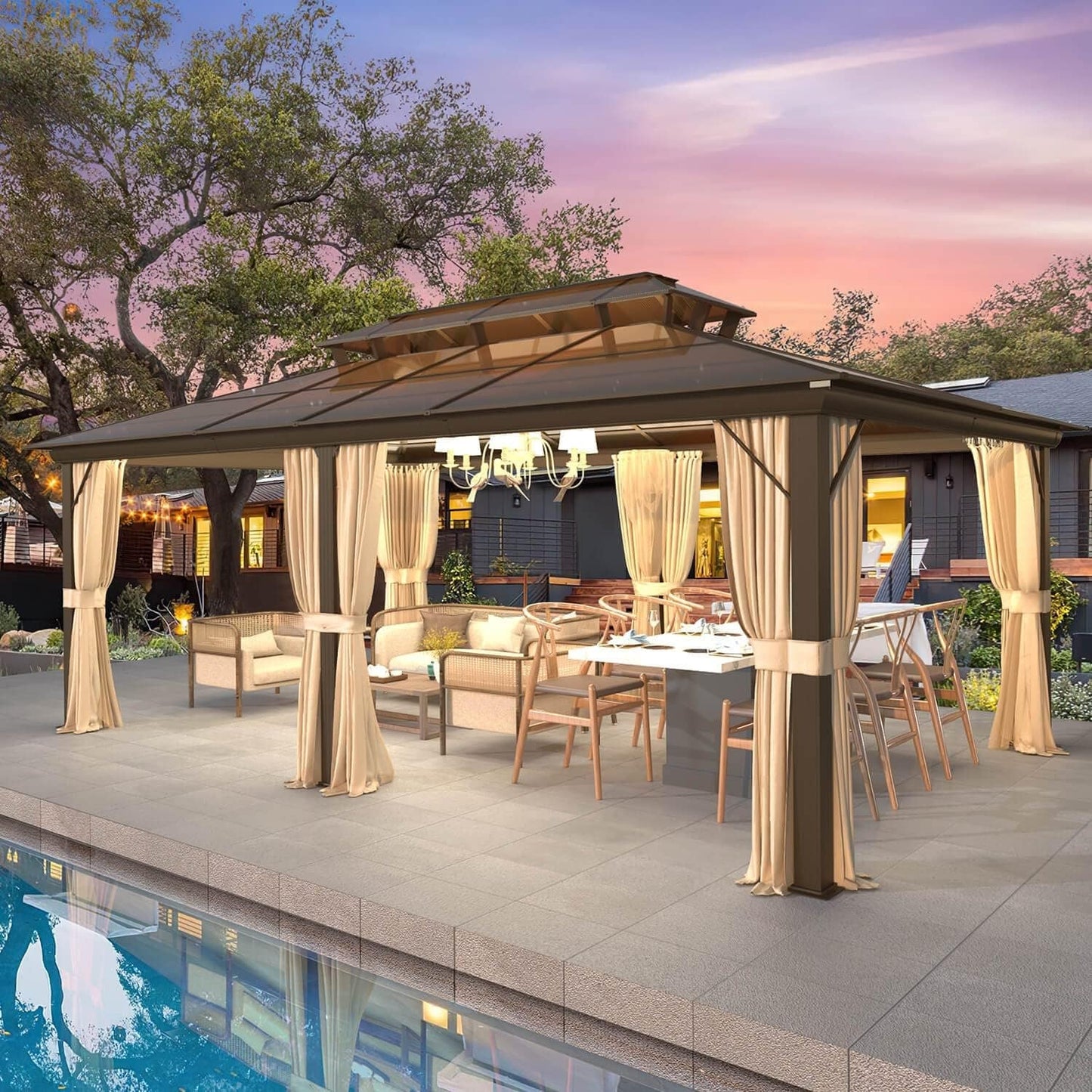 Hardtop Gazebo for Backyard – Permanent Pergola with Netting, Curtains & Double Roof, All-Weather Outdoor Shelter