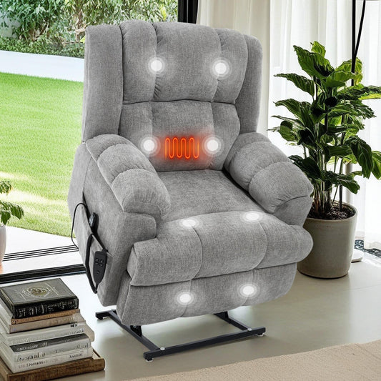 Oversized Chenille Power Lift Recliner Chair with Massage and Lumbar Heating, Infinite Position Reclining