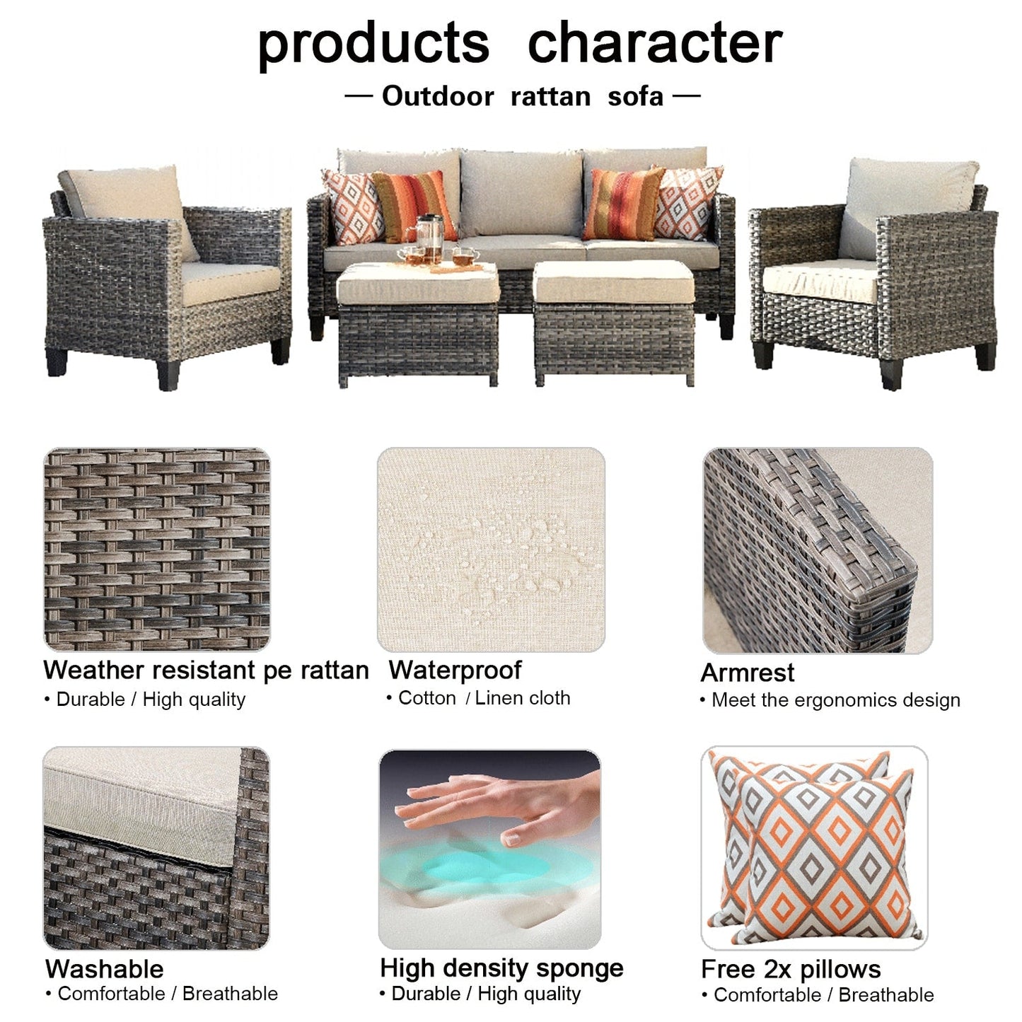 OVIOS 5-piece Patio Furniture Wicker Outdoor High-back Seating Set