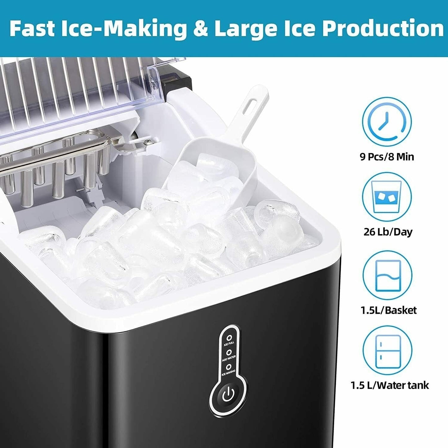 Portable Countertop Ice Maker Machine，26Lbs/24H， Self-Cleaning Home, Low Noise