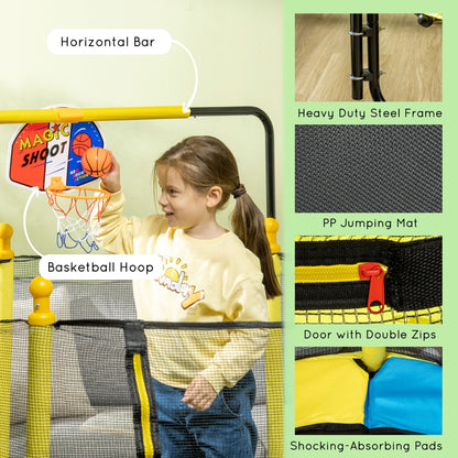 Qaba 4.6' Kids Trampoline with Basketball Hoop, Horizontal Bar, 55 Indoor Trampoline with Net