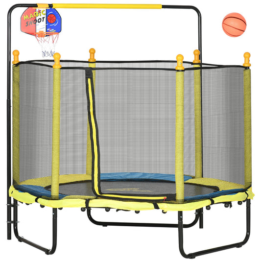 Qaba 4.6' Kids Trampoline with Basketball Hoop, Horizontal Bar, 55 Indoor Trampoline with Net