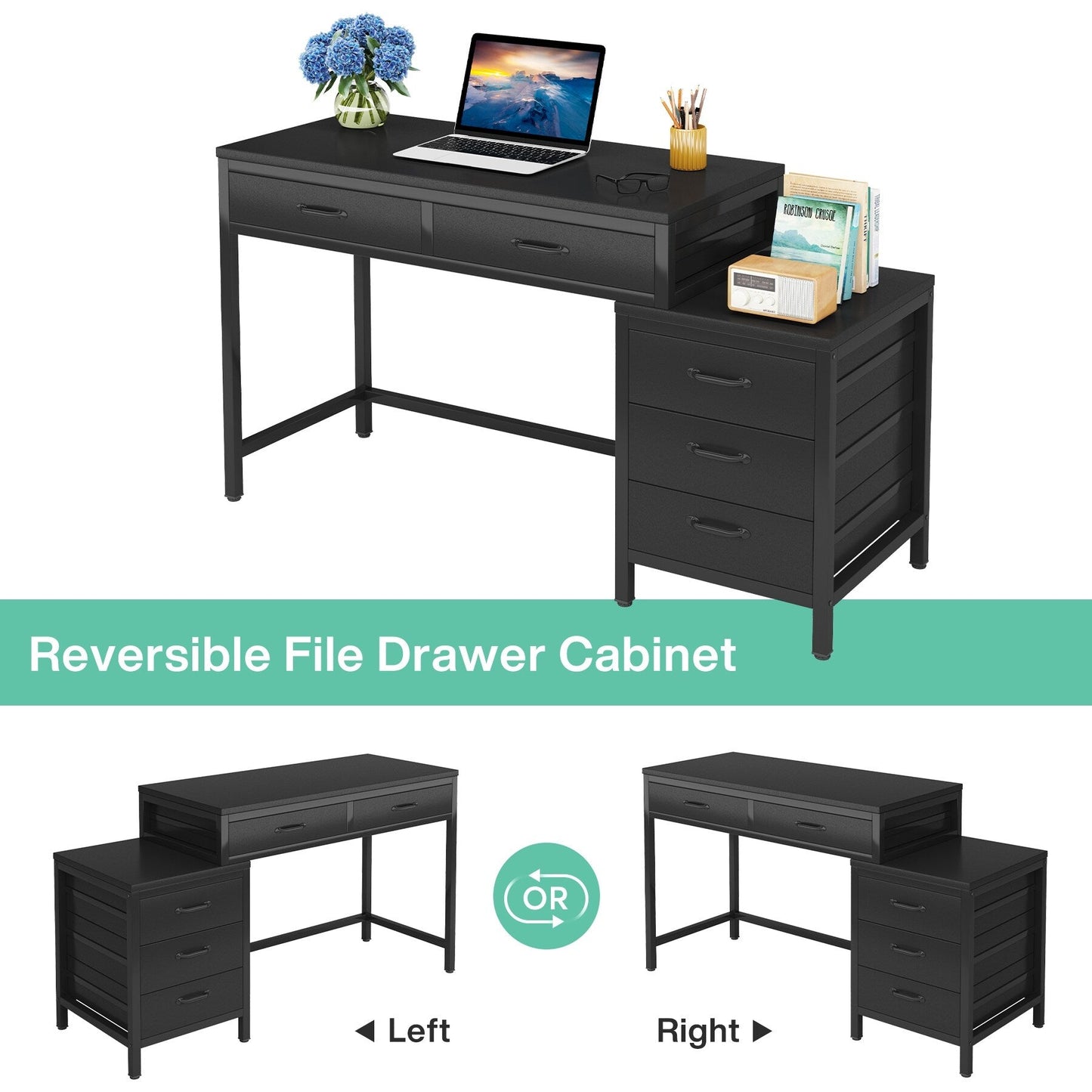 Reversible Computer Desk with 5 Drawers, Home Office Desk with File Cabinet Drawer Printer Stand