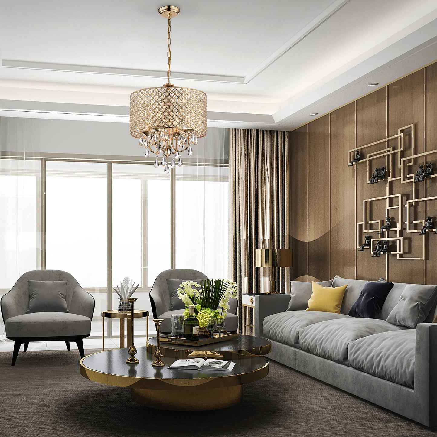 Round Beaded Drum Chandelier with Hanging Crystals