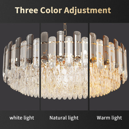Round Layer Shining Crystal Ceiling Chandelier Lamp with 3 Color Lighting Pendant Light Fixture