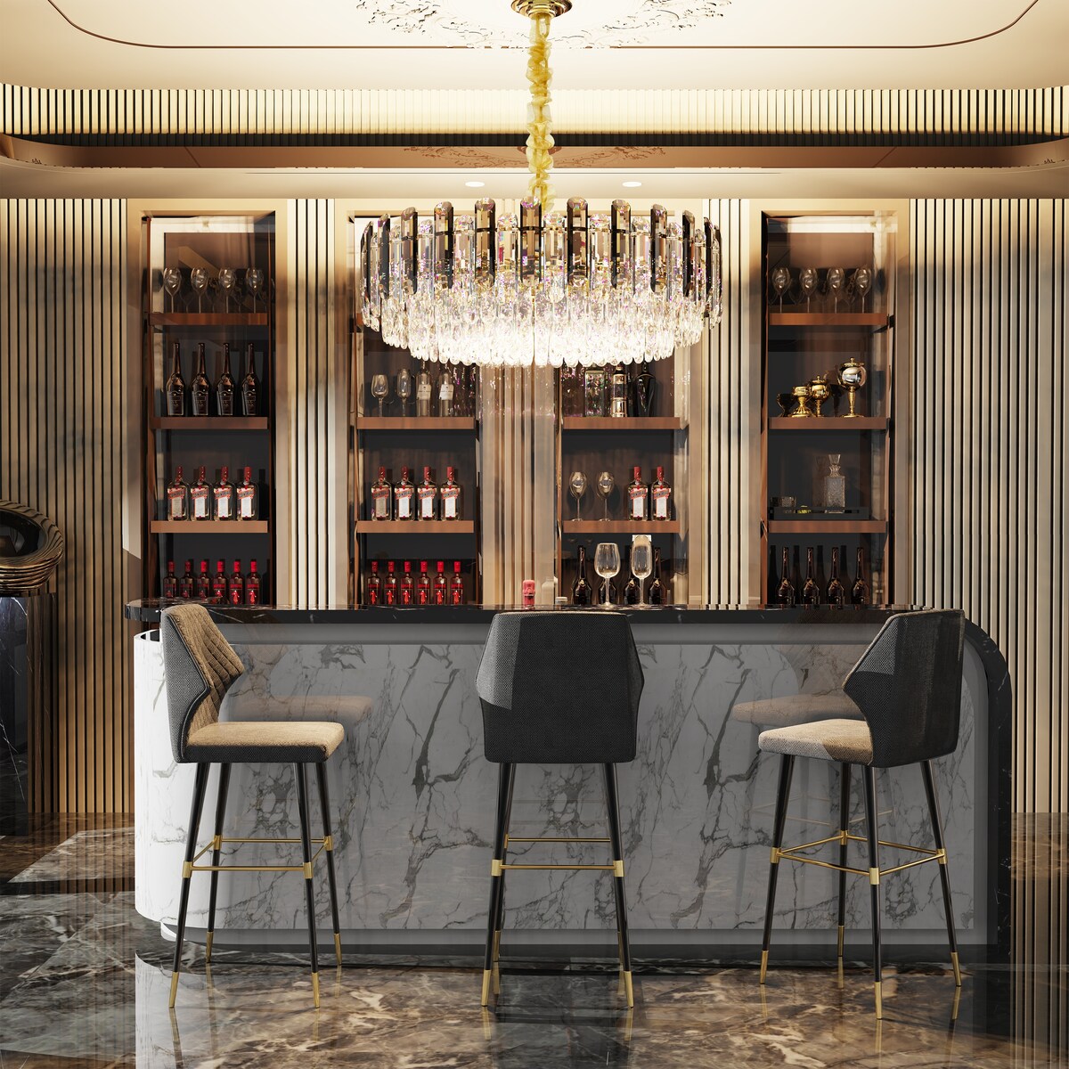 Round Layer Shining Crystal Ceiling Chandelier Lamp with 3 Color Lighting Pendant Light Fixture